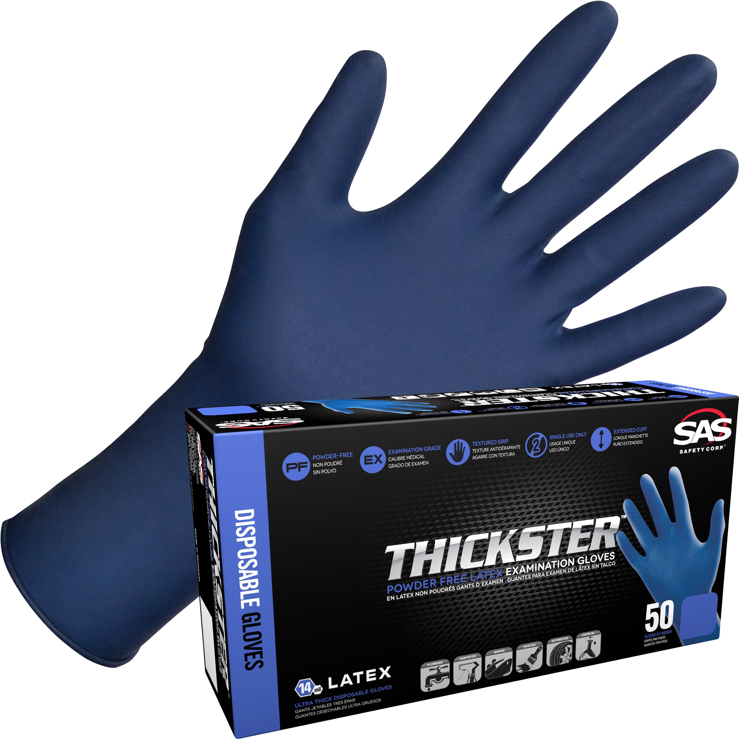 **SAS Thickster Powder-Free Exam Grade Latex Disposable Gloves - 10 Boxes (50 Ea, 500 Total) - 14 Mil, 2XL, Blue, Fully Textured, 12