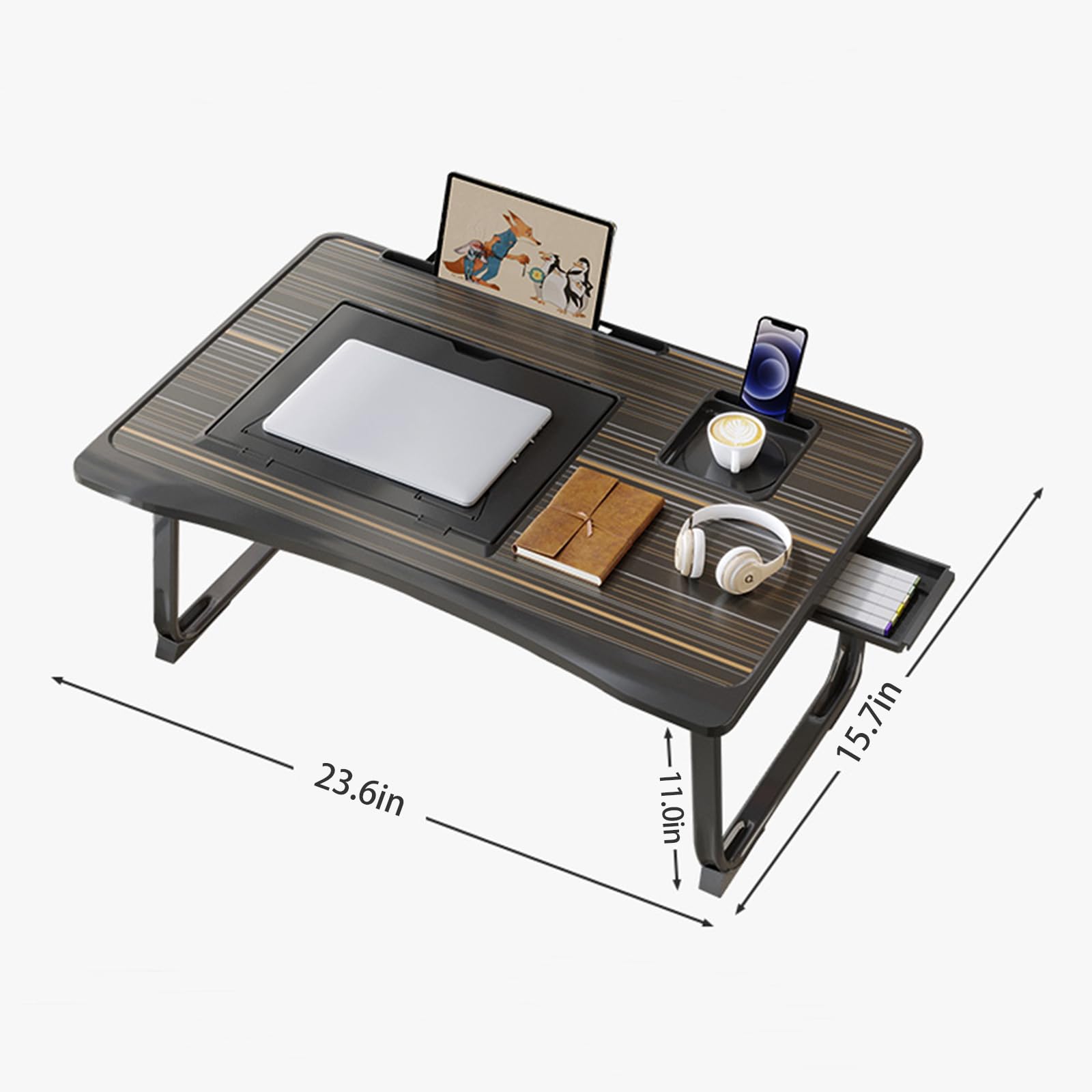 Adjustable Laptop Stand for Bed - 6 Angle Portable Lap Desk with Storage Drawer & Cup Holder - Lightweight Laptop Tray Table for Working, Eating, Writing & Reading in Bed - Perfect for Home Office, Dorm Room & Cozy Workspaces (Black)