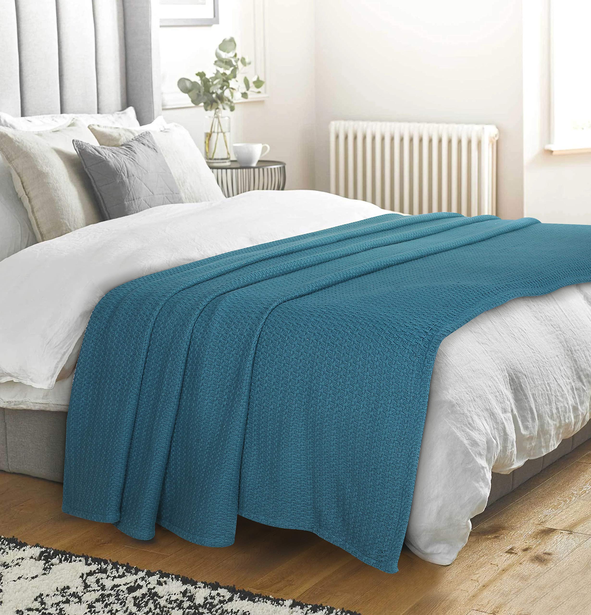 Elvana Home 100% Cotton Twin Size Thermal Blanket - Breathable All Season Bed Blanket for Layering - Soft Teal Green Blanket for Bedroom, Guest Room & Dorm Use