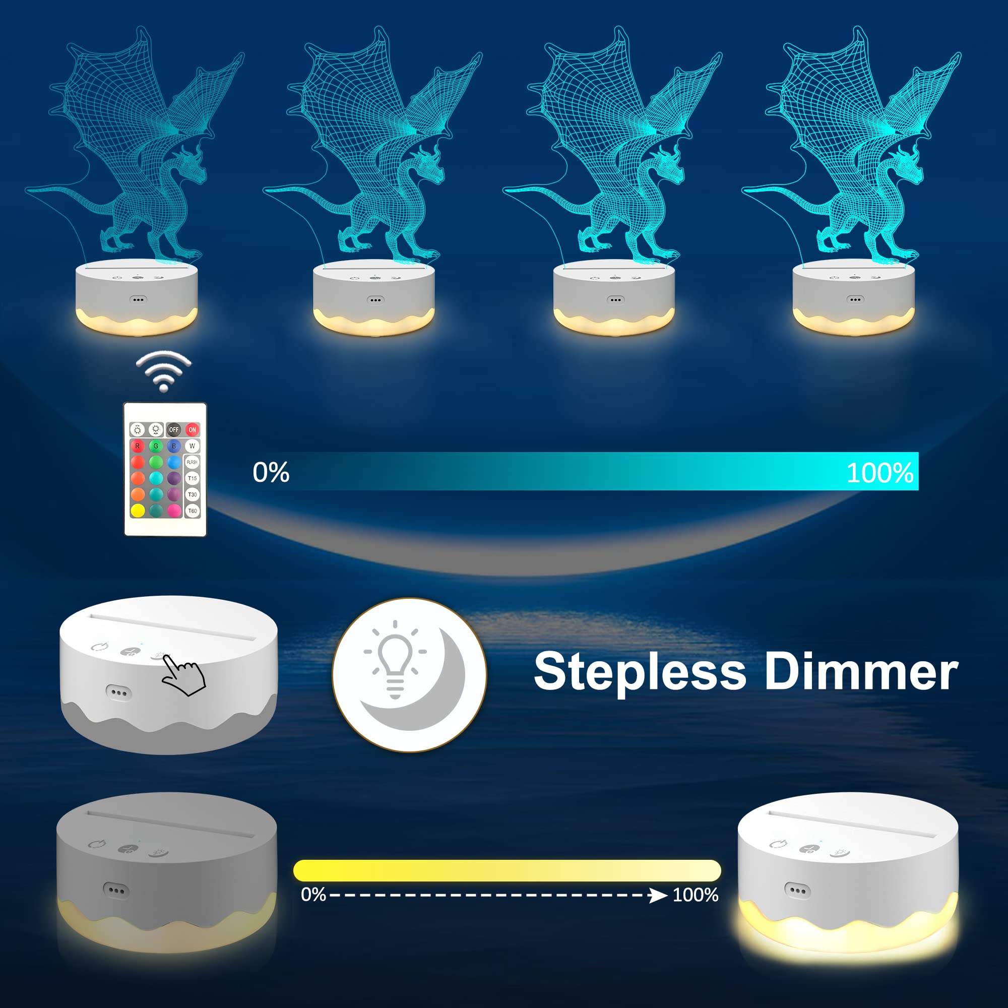 Fantasy Dragon 3D Night Light with Timer & Dimmer - Cool LED Room Decor for Kids, Girls, Women | Perfect Birthday & Christmas Gift Idea for Fantasy Lovers | Bedroom, Nursery, Game Room Lighting Decor