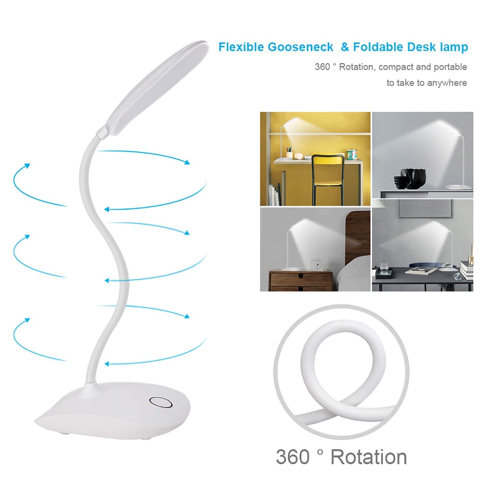 DEEPLITE Rechargeable LED Desk Lamp with Flexible Arm & Adjustable Brightness - Portable Reading Light for Work, Study, Office, and Nighttime Use (2 Pack) - Perfect for Books, Laptops, and Bedside Lighting