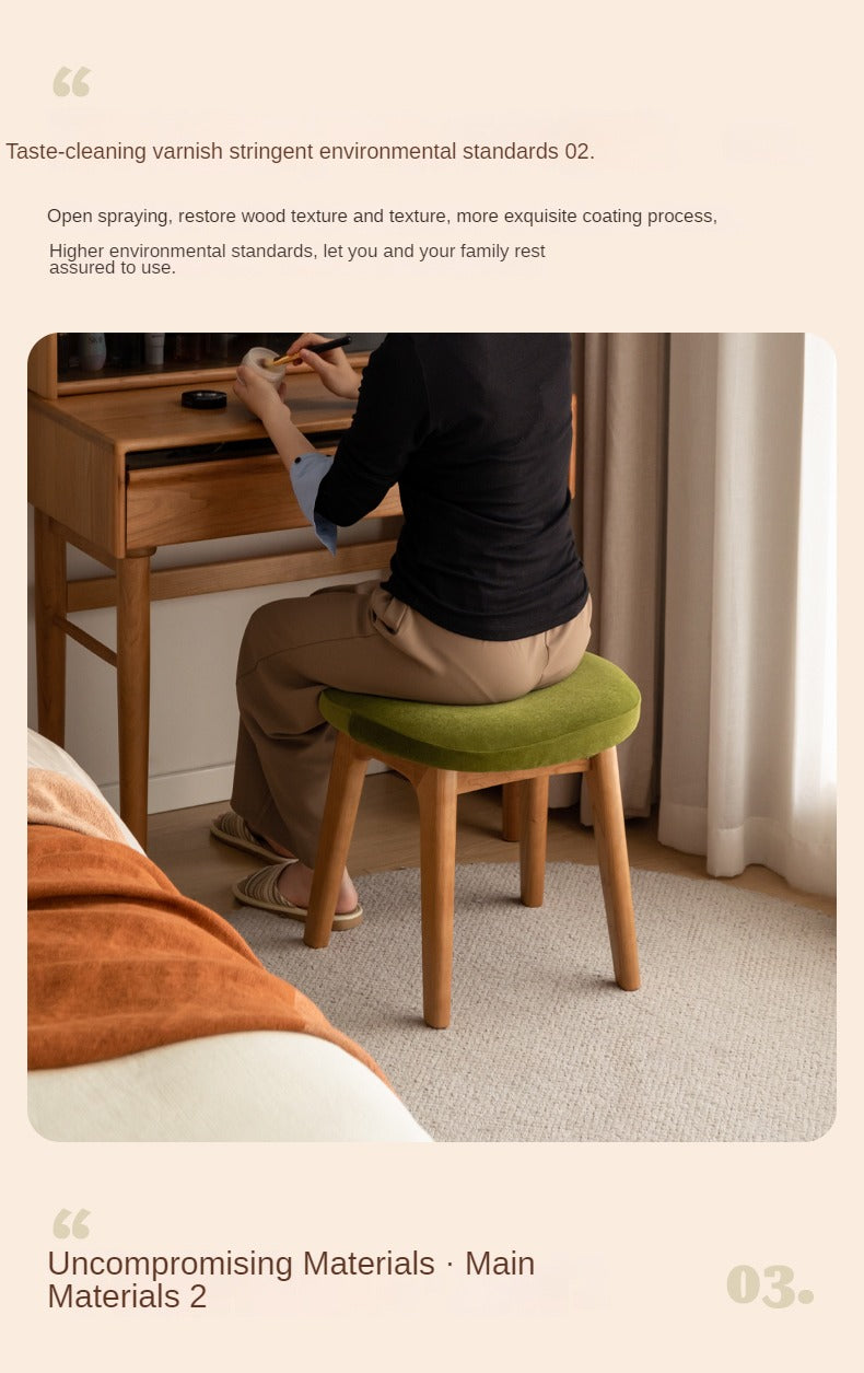 Premium Oak & Cherry Solid Wood Makeup Stool - Soft Cushioned Vanity Seat for Dressing Table, Bedroom, and Salon Use