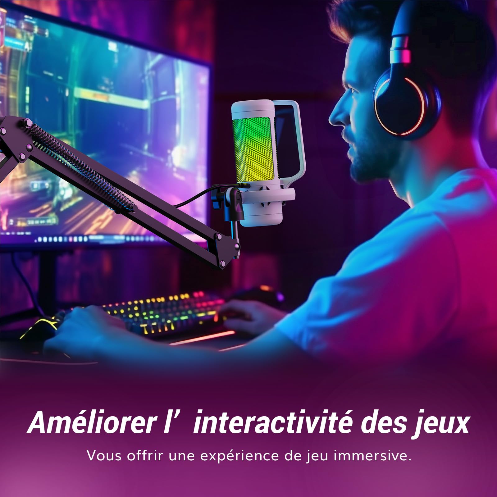 TONOR TC310+ RGB USB Condenser Microphone with Boom Arm Stand - Professional PC Gaming Mic for Streaming, Recording, YouTube, Discord, Voice Overs - Compatible with Computer, Laptop, Mac (White) | Perfect for Home Studio, Podcasting & Live Gaming Sessions