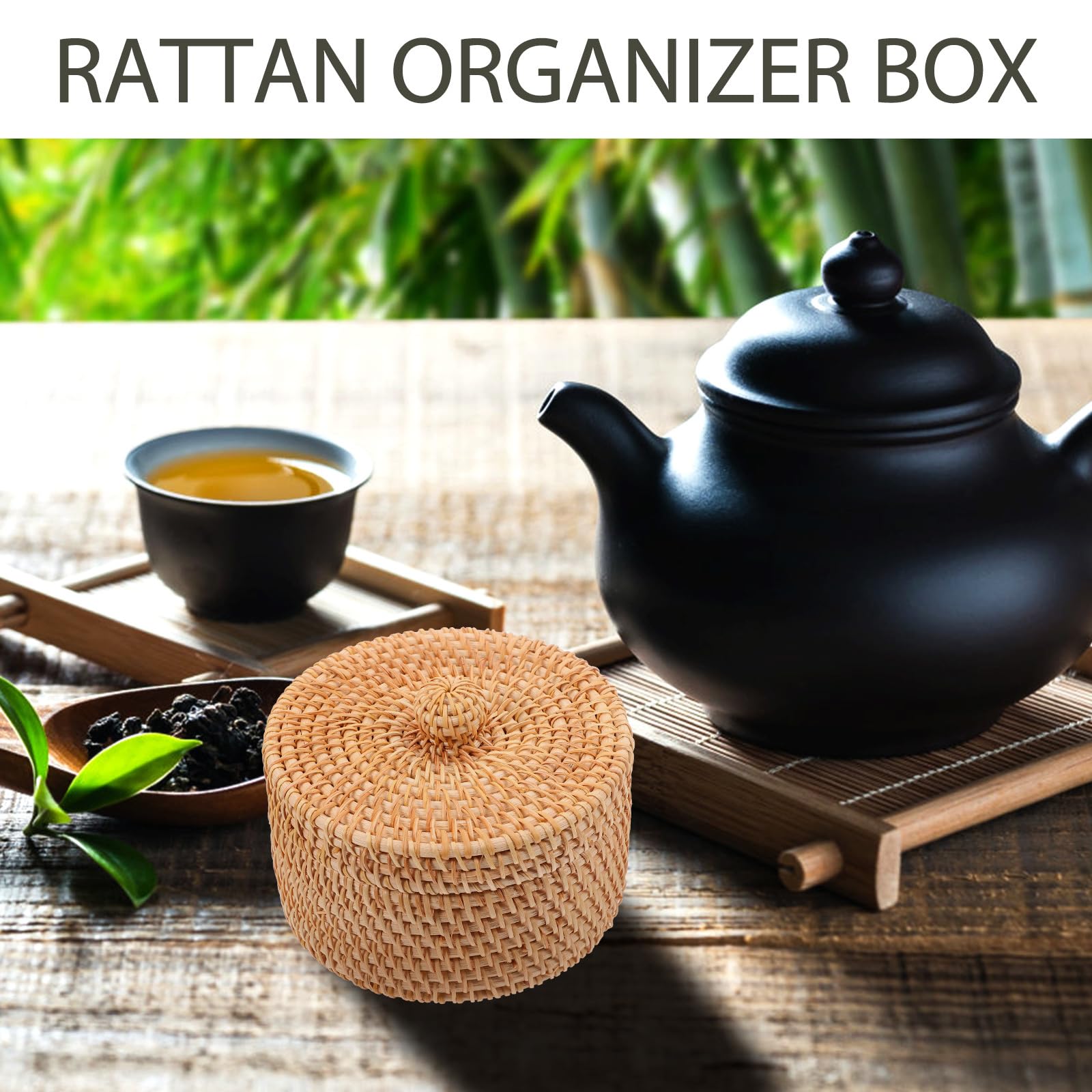 Small Wicker Basket with Lid - Mini Rattan Storage Organizer, Round Handwoven Box for Snacks, Tea Bags, Chess Pieces & Home Decor | Natural Light Brown | Perfect for Kitchen, Bathroom & Living Room Organization