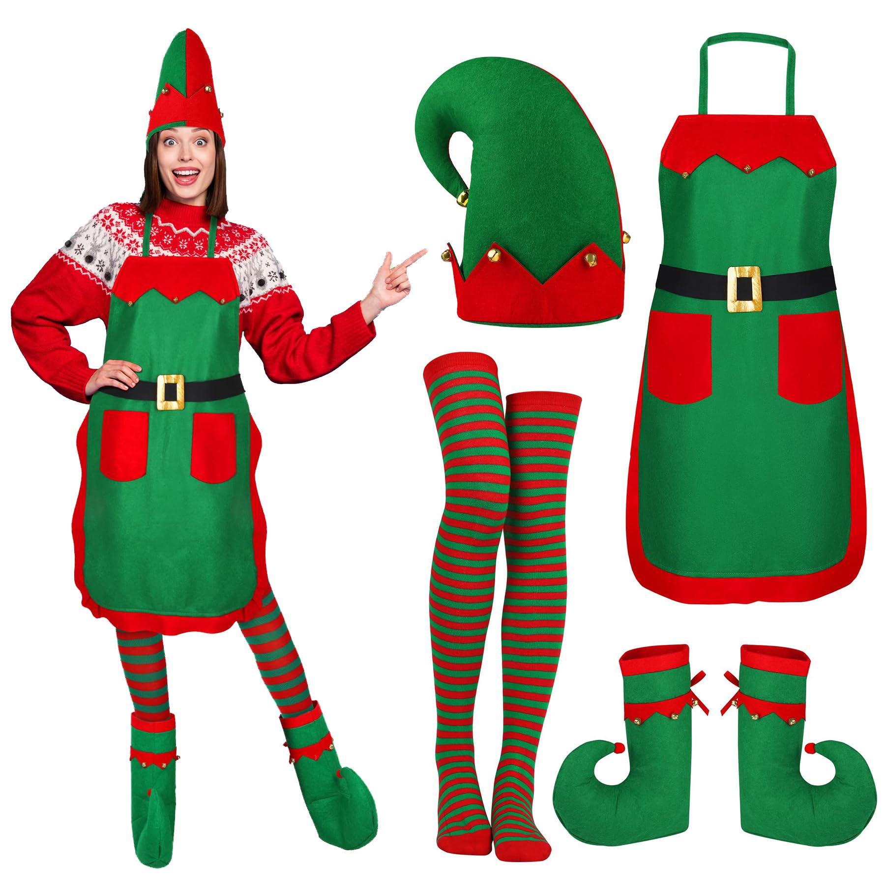 Hiwooii Christmas Adult Elf Costume Set - Santa's Helper Outfit with Apron, Hat, Jingle Bells, Shoes & Stockings | Perfect for Holiday Parties, Cosplay & Festive Events