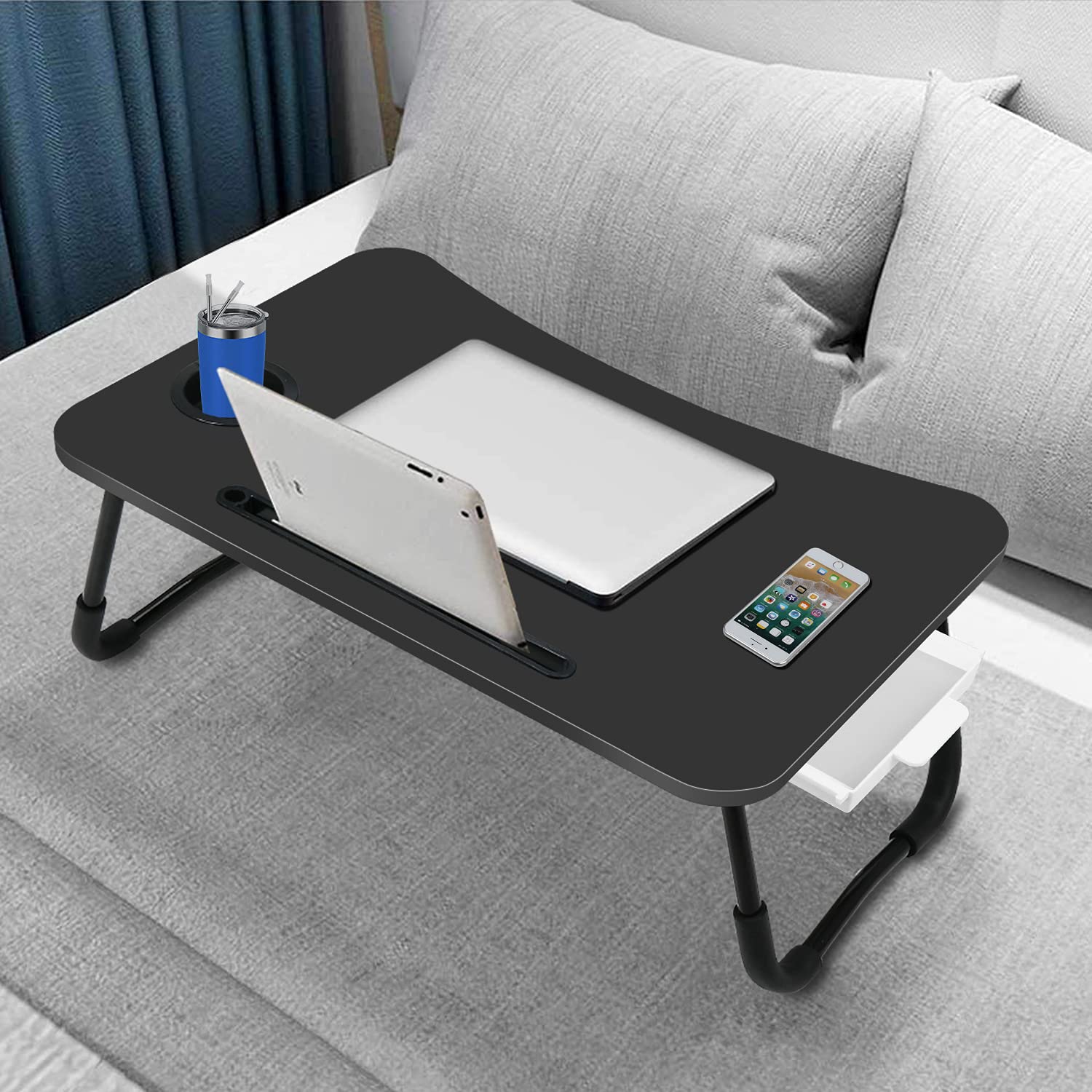 Fayquaze Foldable Laptop Bed Table with Storage Drawer & Cup Holder - Portable Lap Desk for Working, Eating & Reading - Perfect for Home Office, Dorm Room & Bed Use