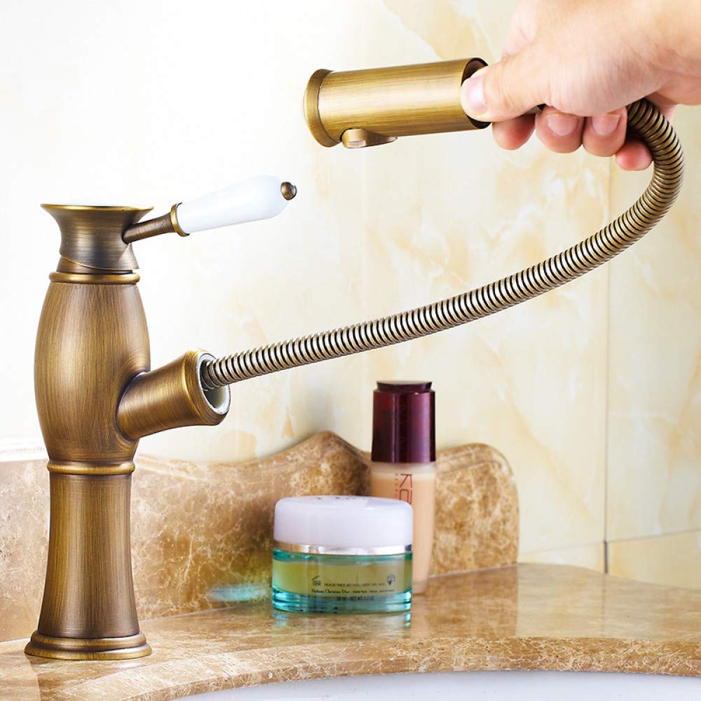 DMUNIZ Antique Copper Bathroom Sink Faucet - Vintage Pull Down Basin Tap with 360° Swivel Spout, Solid Brass Construction for Bathroom Vanity, Farmhouse & Retro Style Decor (Perfect for Guest Bathrooms, Powder Rooms & Vintage Themed Homes)