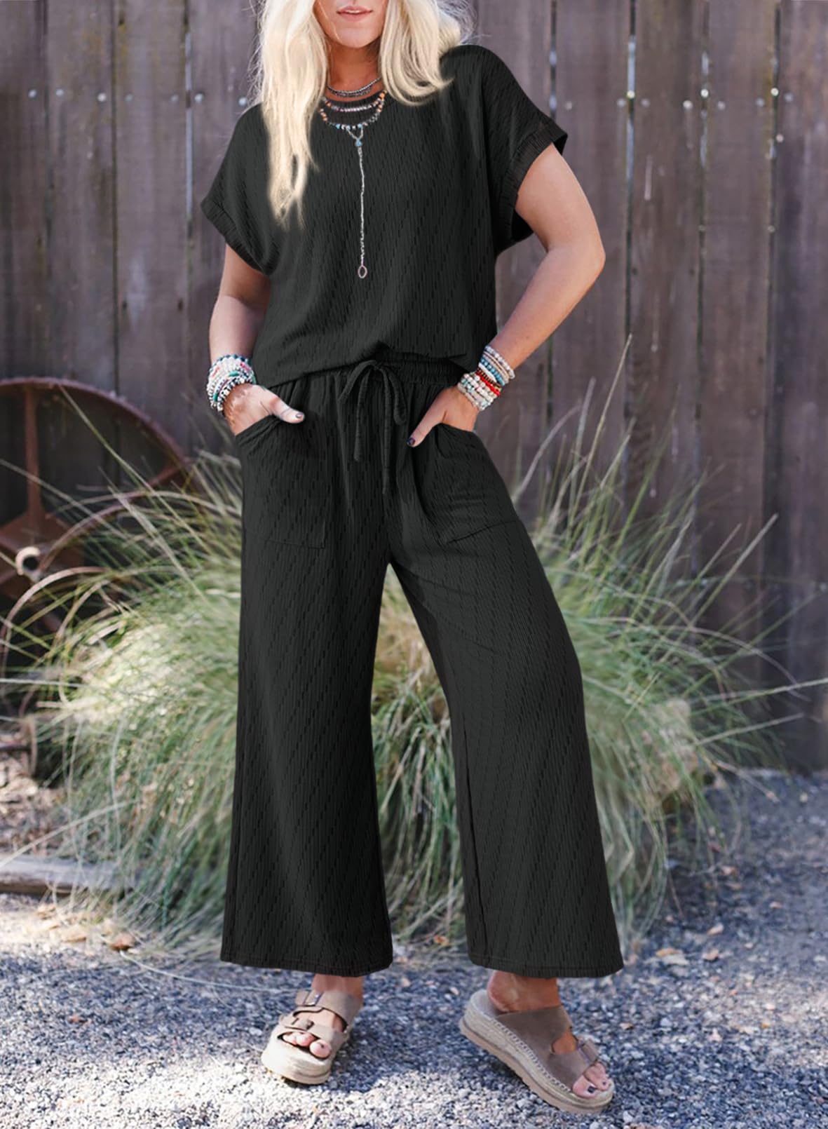 Dokotoo Women's 2-Piece Casual Outfit - Short Sleeve Summer Top & High Waist Wide Leg Pants Lounge Set | Comfortable Loungewear for Home, Travel & Relaxation