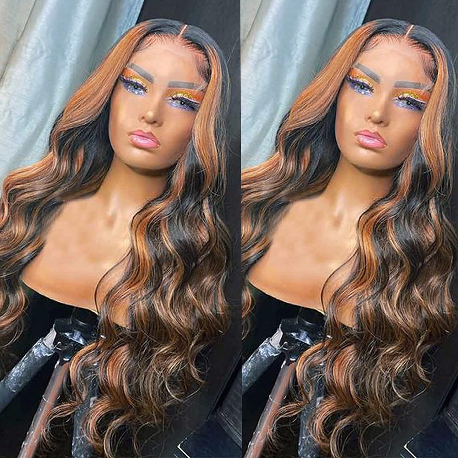 14 Inch T-Part Curly Human Hair Wig - Black & Brown Highlight Lace Front Wig with Baby Hair | Brazilian Virgin Hair, Loose Wave Balayage | Natural Look for Black Women | Perfect for Daily Wear, Parties & Special Events