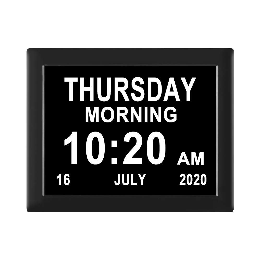 8 Inch Digital Day Calendar Clock with 8 Alarm Options - Extra Large Display, Non-Abbreviated Day & Month - Ideal for Seniors, Elderly & Vision Impaired - Perfect for Dementia, Memory Loss & Daily Routine Management