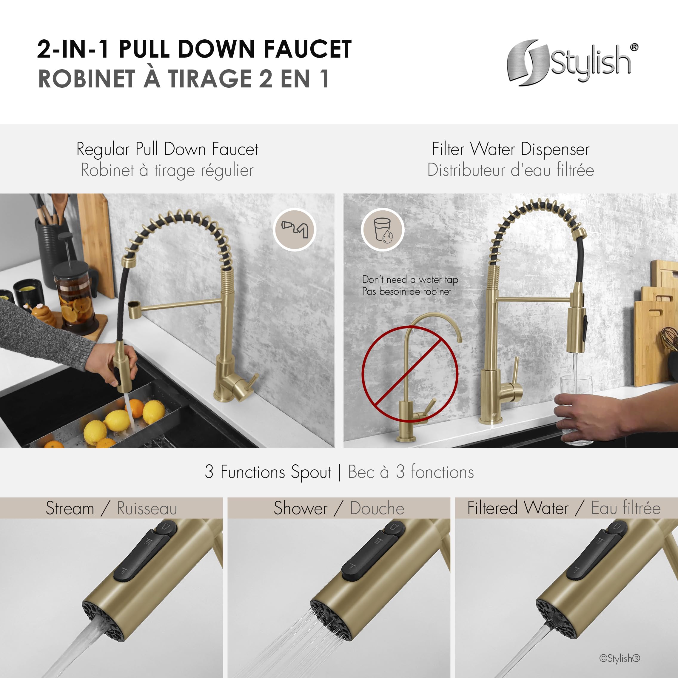 Premium 2-in-1 Commercial Kitchen Faucet with Pull-Down Sprayer & Water Filter - Brushed Gold Stainless Steel Single Handle Sink Faucet with Ceramic Cartridge & Aerator (Model K-107GR) - Ideal for Restaurants, Home Kitchens & Food Prep Areas