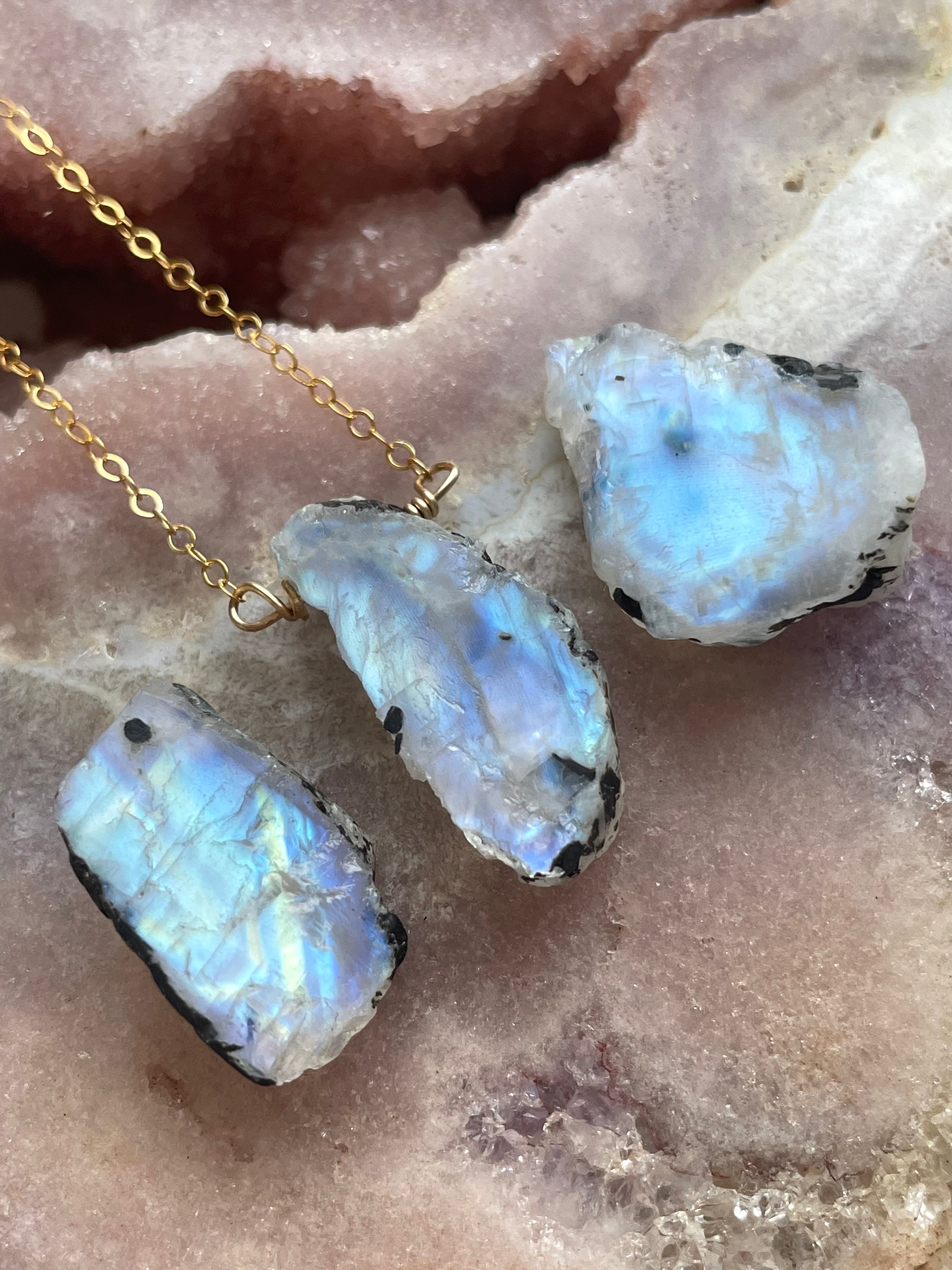 Natural Raw Moonstone Pendant Necklace - Sterling Silver or 14k Gold Filled Chain - Boho Jewelry for Women, Healing Crystal Gift for Meditation & Spiritual Energy