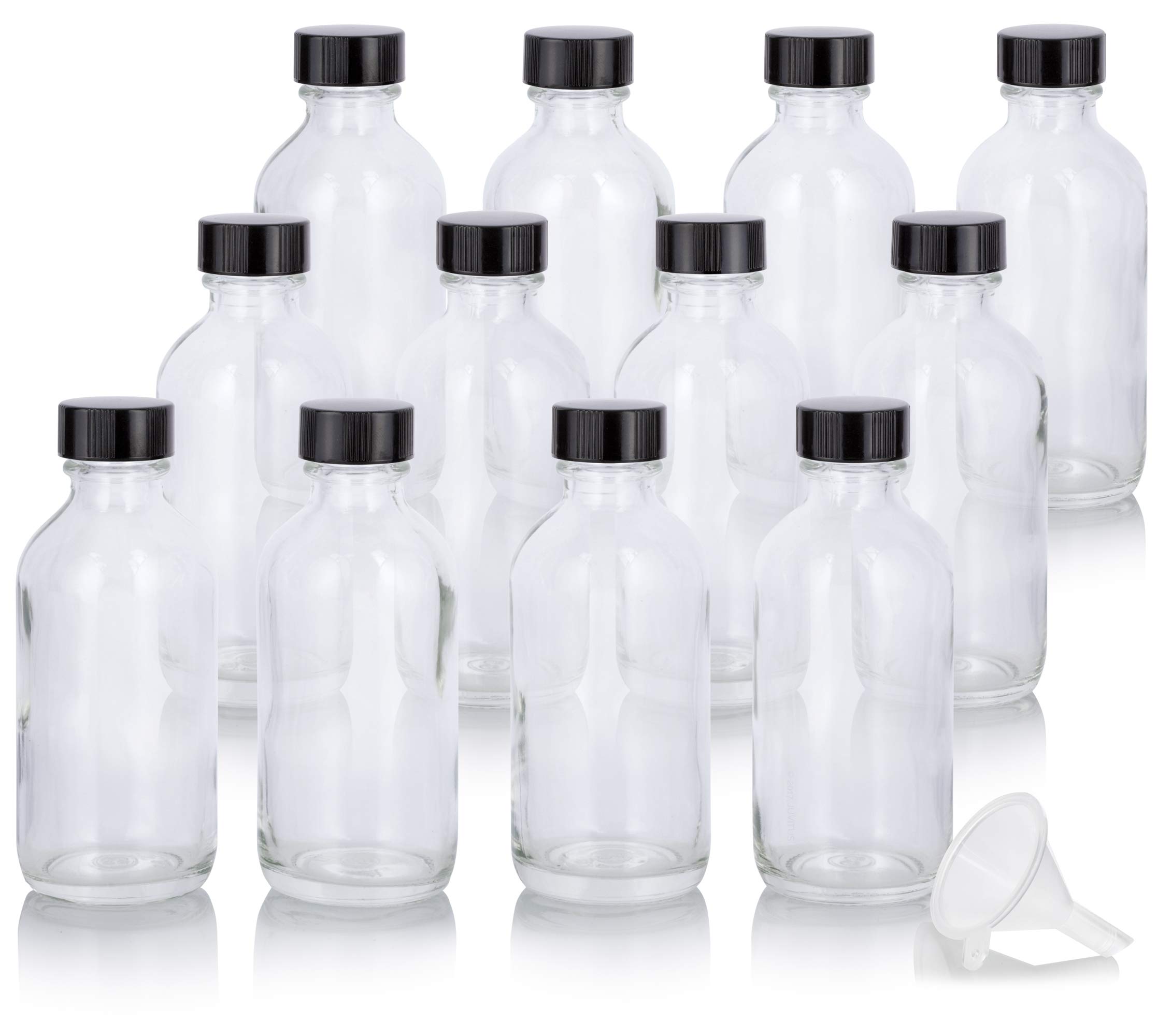 JUVITUS 2 oz Clear Glass Boston Round Bottles with Airtight Phenolic Caps (12 Pack) - Essential Oil, DIY Beauty, Travel Size Containers + Bonus Funnel Included - Perfect for Home, Lab & Craft Storage