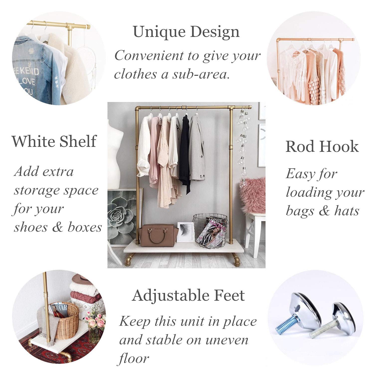 BOSURU Gold Pipe Clothing Rack with Shelves - Heavy Duty Garment Rack for Boutiques & Retail Stores - Freestanding Clothes Display Rack for Home, Bedroom, or Store Organization