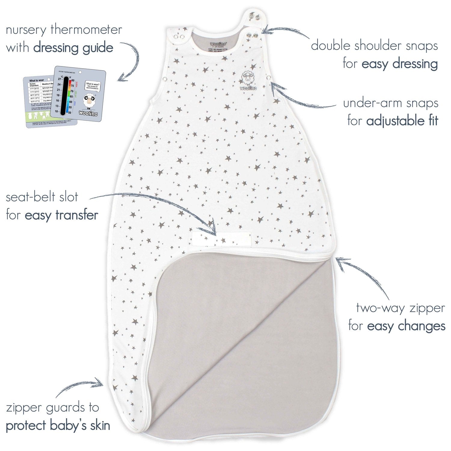 4 Season Baby Sleep Sack - Merino Wool & Organic Cotton for 2 Months to 2 Years - Soft Lilac Color - Perfect for Nursery, Daycare & Travel