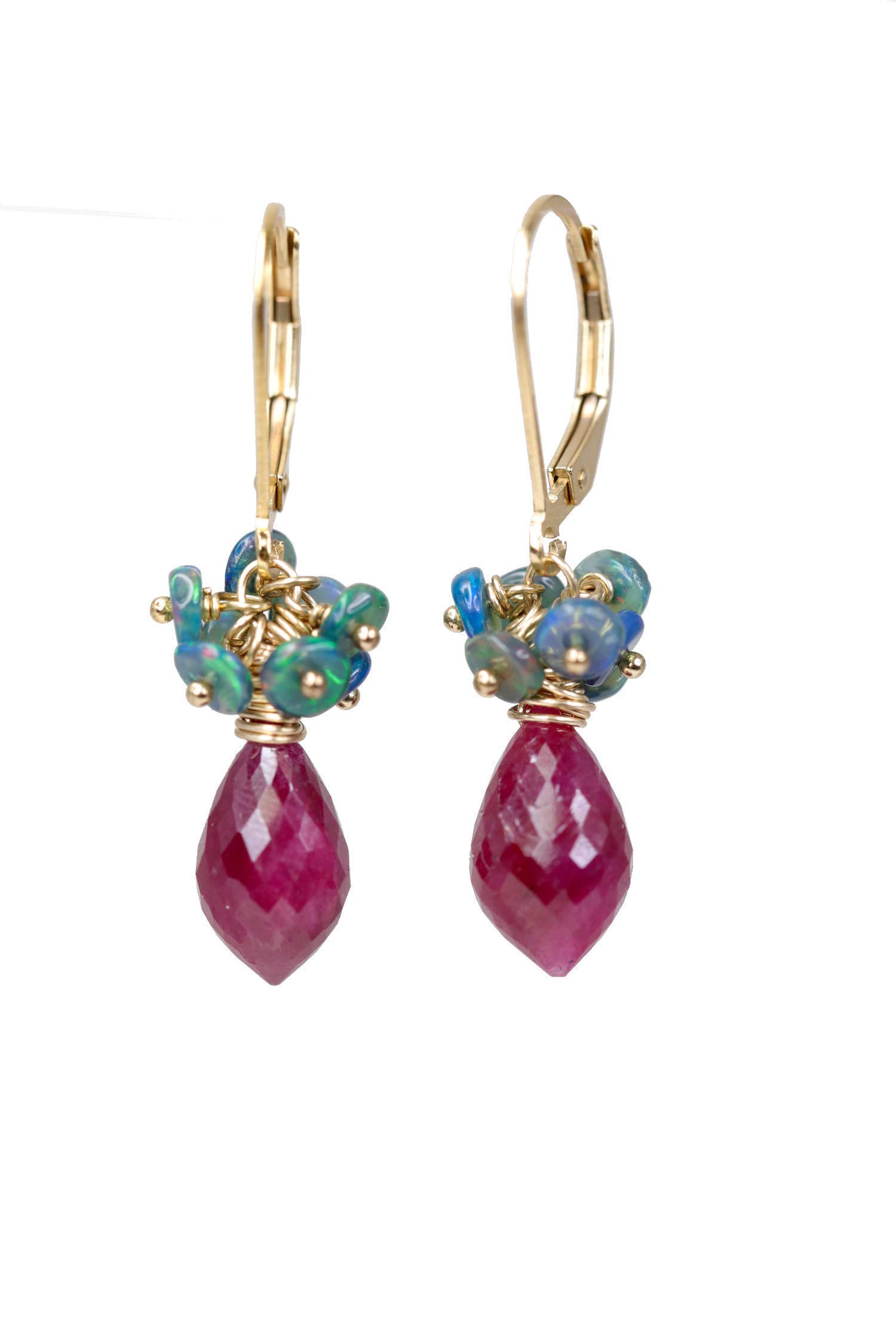 Genuine Ruby Black Opal Gemstone Cluster Teardrop Gold Earrings - July Birthstone Jewelry for Women - Elegant Birthday Gift Idea - Perfect for Weddings, Parties & Special Occasions