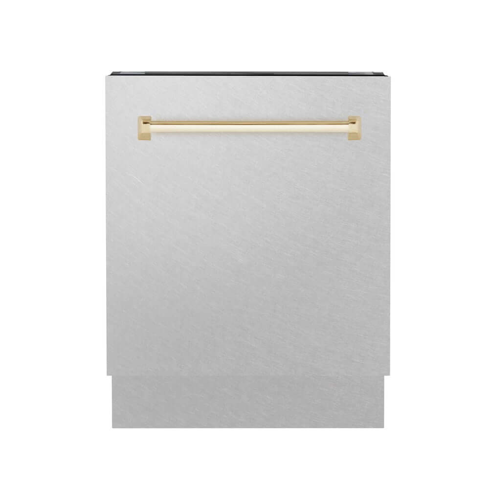 ZLINE Autograph Edition 24 Inch Built-In Dishwasher - Tallac Series with 3rd Rack, Top Control Panel, Satin Stainless Steel & Polished Gold Handle, Ultra Quiet 51dBa (DWVZ SN 24 G) - Perfect for Modern Kitchens, Luxury Homes & Open-Concept Living Spaces