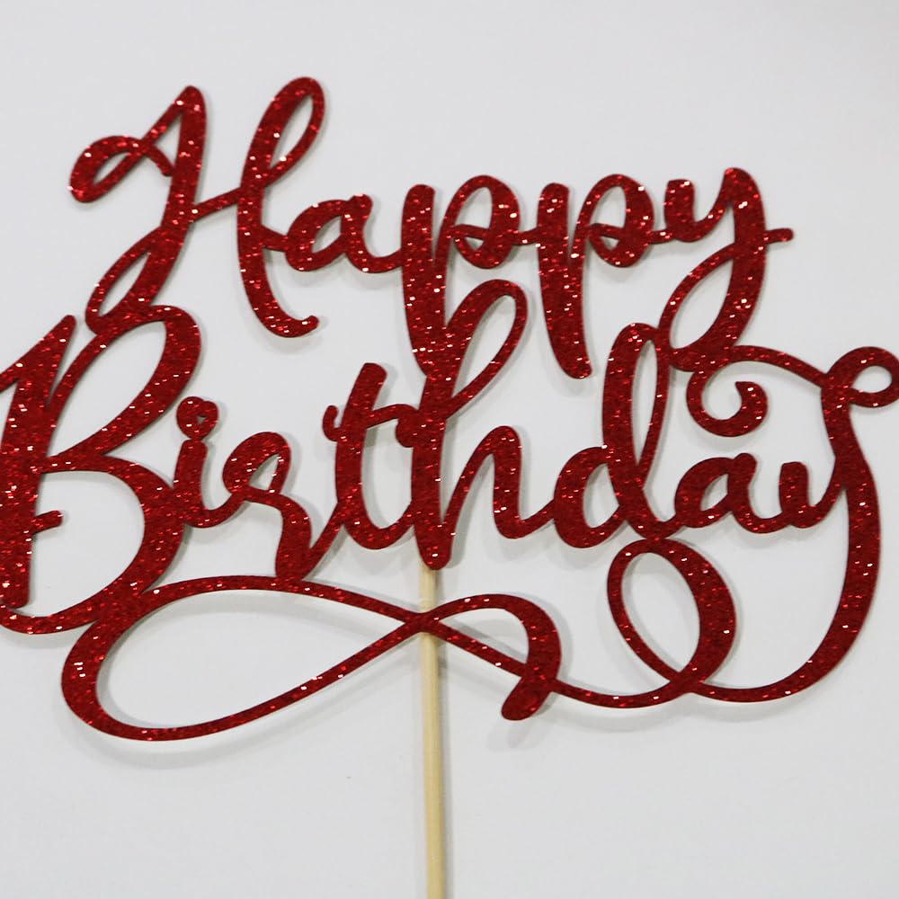 Gold Glitter Happy Birthday Cake Topper - Elegant Cake Decoration for Birthday Parties, Anniversaries & Celebrations | Perfect for Wedding, Baby Shower & Special Events (Red)