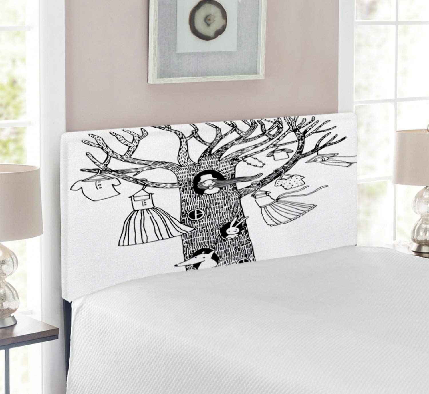 Lunarable Twin Size Upholstered Headboard - Magic Tree House Design with Feminine Sketch, Memory Foam Support, White & Black | Perfect for Girls' Bedrooms, Dorm Decor & Cozy Reading Nooks