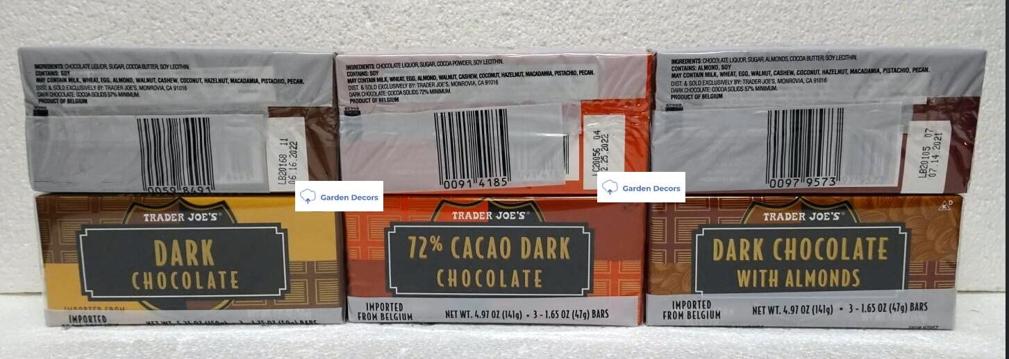 Trader Joe's Belgian Dark Chocolate Bars 3 Variety Pack - Dark, 72% Cacao, Dark with Almonds - 4.97oz (141g) - Perfect for Gifts, Desserts & Snacking