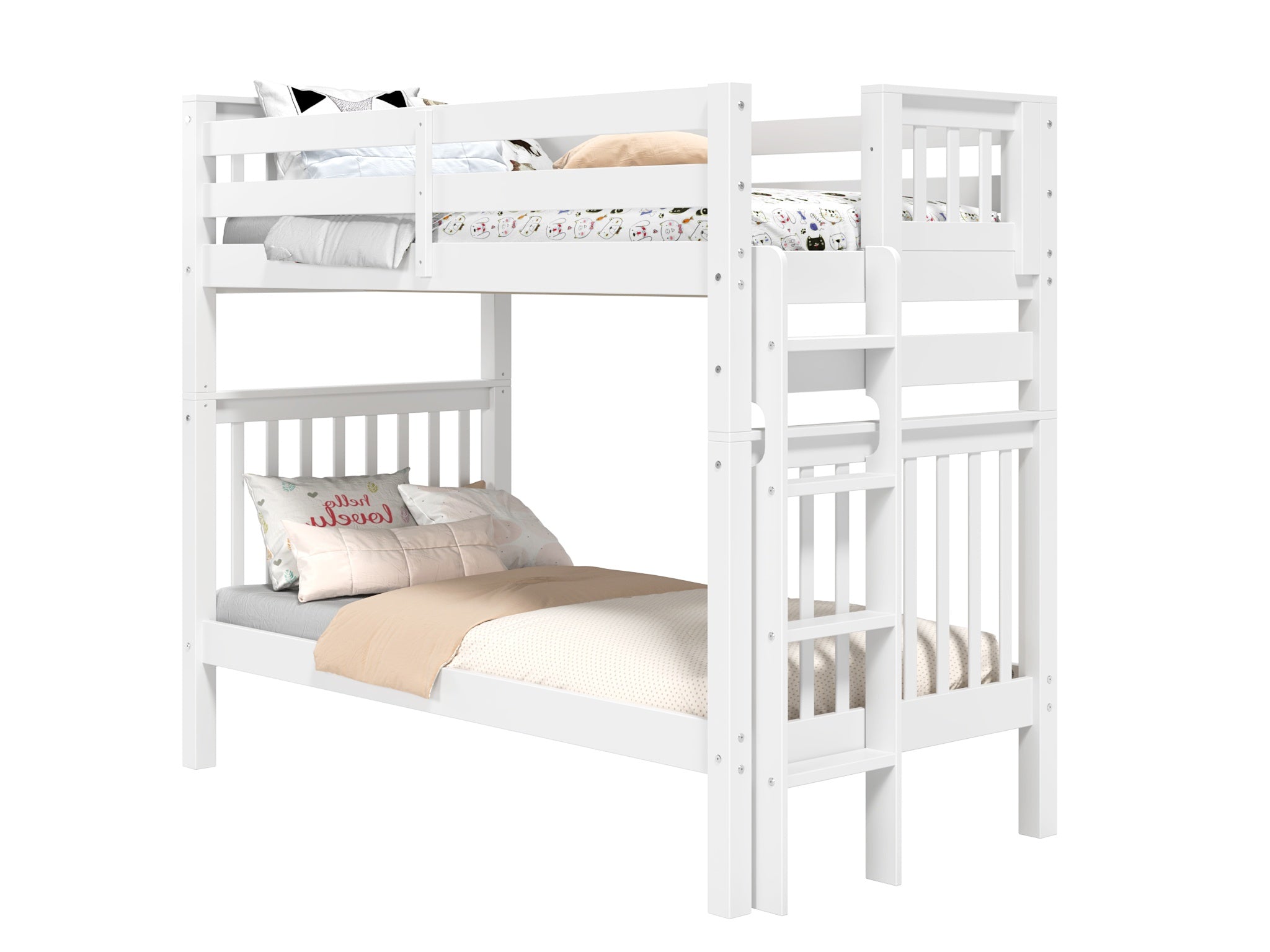 White Twin Over Twin Bunk Bed with End Ladder - Space Saving Kids Bedroom Furniture for Siblings or Sleepovers
