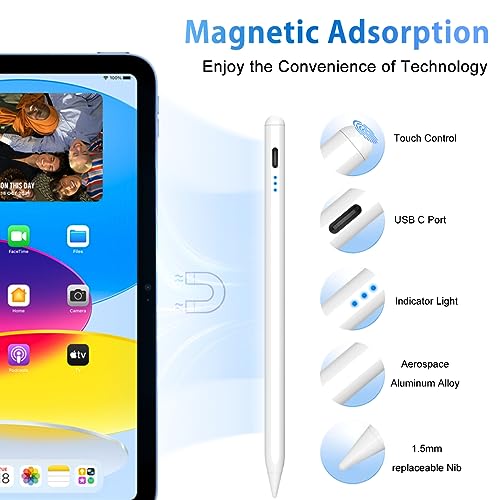 Premium Stylus Pen for iPad 2018-2024 - Fast Charging Digital Pencil Compatible with iPad Pro/Air/Mini - Tilt Sensitivity, Palm Rejection & Magnetic Attachment for Professional Drawing, Note Taking & Office Work - Perfect for Artists, Students & Business Professionals (White)