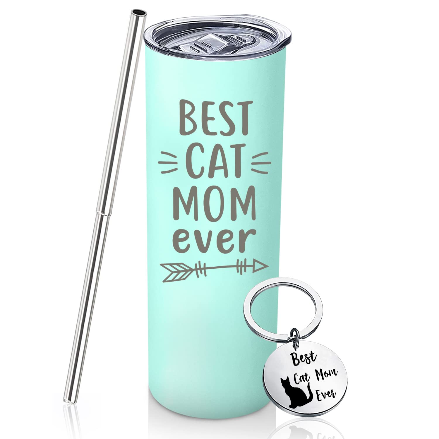 Best Cat Mom Ever Gifts for Women - 20Oz Insulated Wine Tumbler with Straw & Keychain - Perfect Cat Lover Gifts for Mother's Day, Christmas, Birthday - Cute Green Travel Cup for Cat Ladies - Ideal for Coffee, Wine & Office Use
