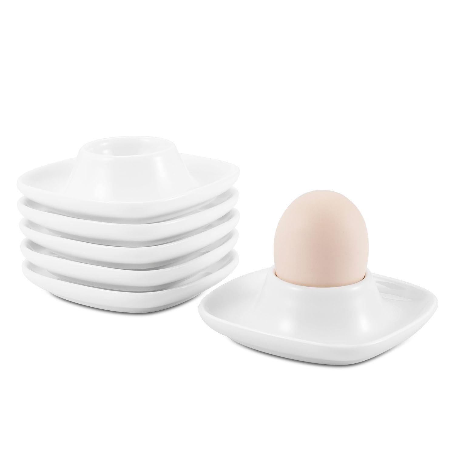 Flexzion Soft Boiled Egg Holder Set - 6 Pack Ceramic Egg Cups for Soft Boiled Eggs - Stackable British Style Egg Coddlers with Base - Perfect for Breakfast, Brunch & Elegant Dining Table Setting