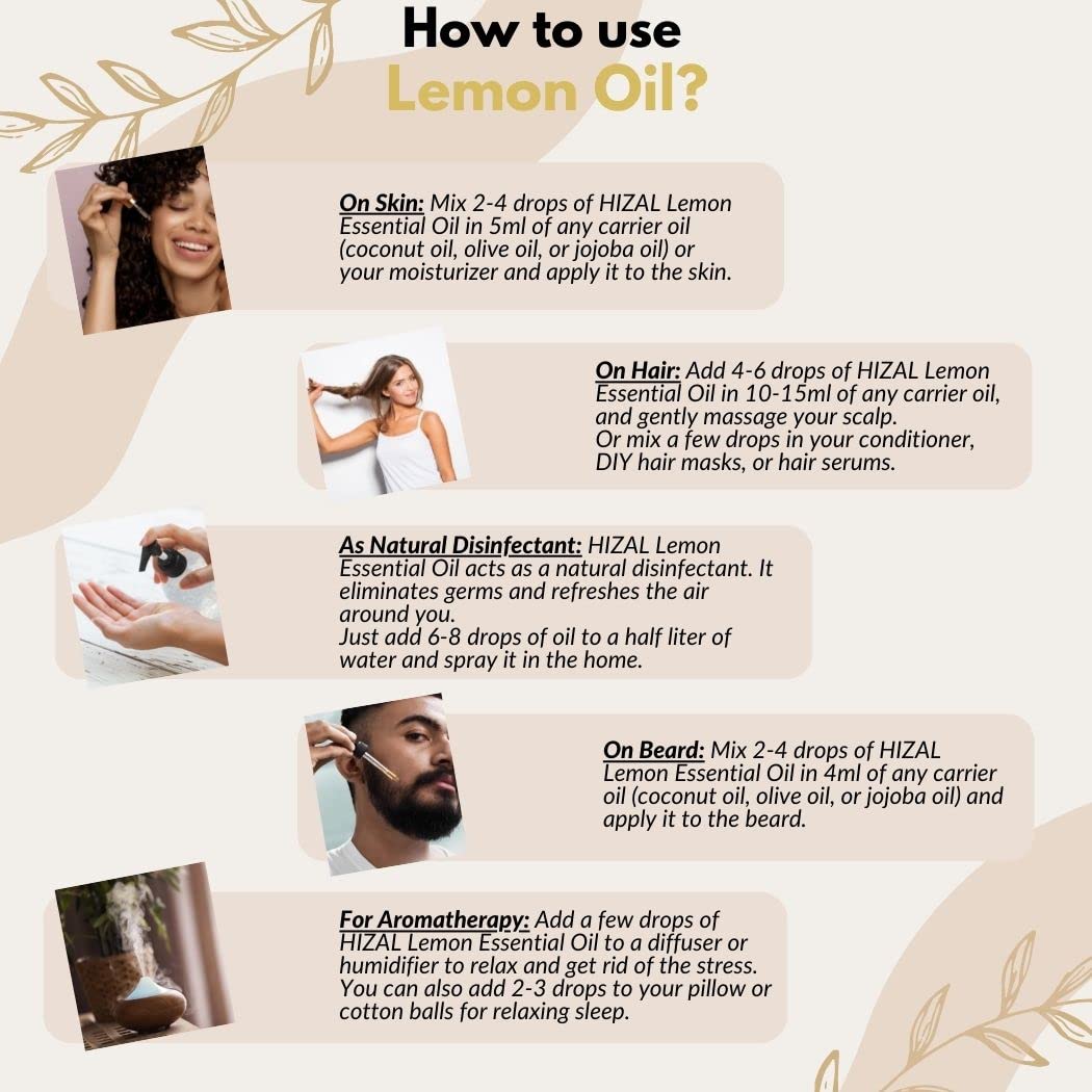 HIZAL 100% Pure Natural Lemon Essential Oil, 10ml - For Face, Hair, Skin Care & Aromatherapy | Mood Booster, DIY Beauty Recipes, Home Diffuser