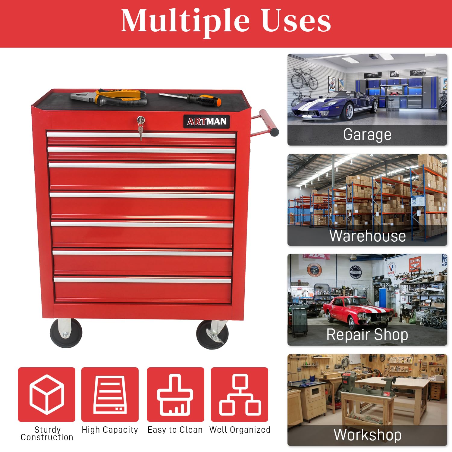 7-Drawer Rolling Tool Chest with Wheels - Heavy Duty Multifunctional Tool Cart for Mechanics - Garage, Workshop & Repair Shop Storage Cabinet (Red) - Perfect for Organizing Tools, Auto Repairs & DIY Projects