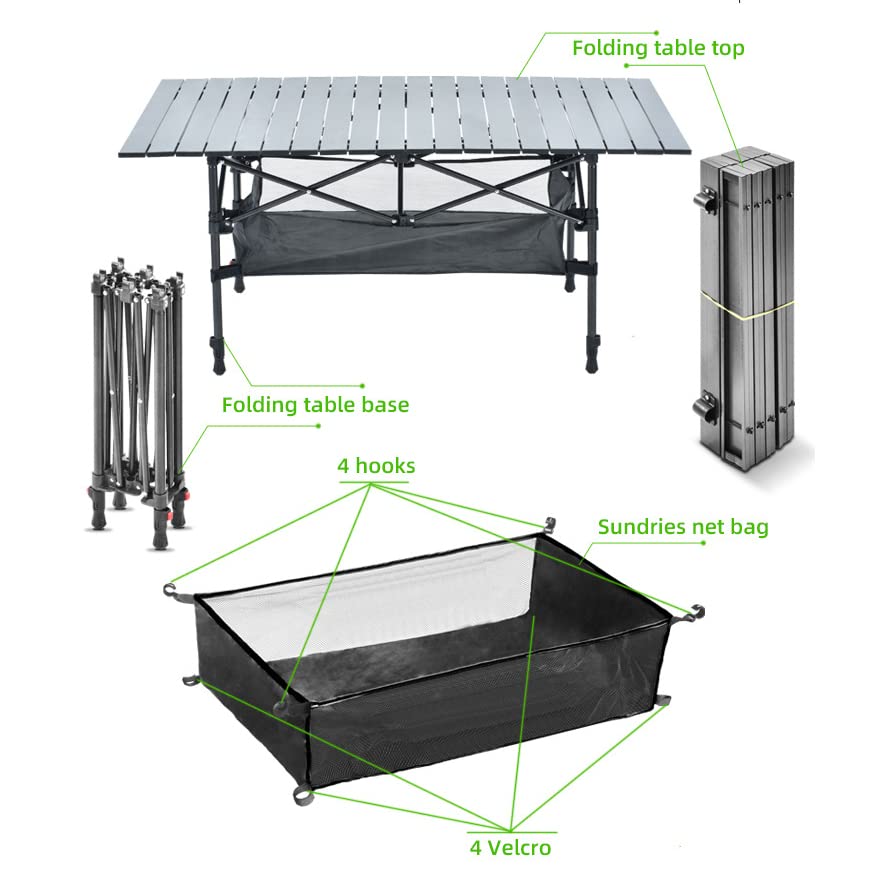 Foldable Portable Camping Table with 4 Folding Chairs - Adjustable Height 20-28in, 37in Length - Includes Storage Net & Carrying Bag - Lightweight Aluminum Beach & Picnic Table for Outdoor, Backyard, BBQ, Tailgating & Beach Parties