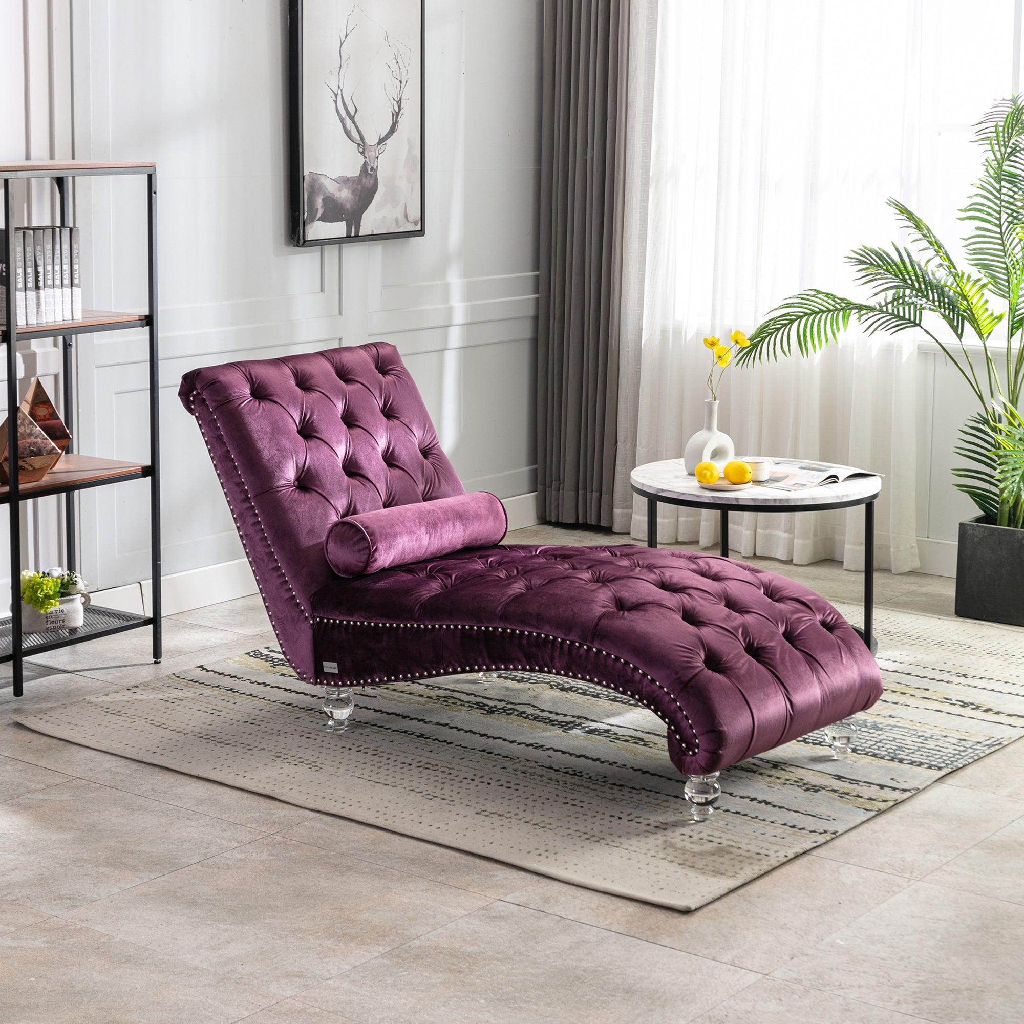 Luxury Velvet Chaise Lounge Chair - Button Tufted Upholstered Sofa with Pillow for Bedroom, Living Room & Office - Elegant Purple Velvet Chaise - Perfect for Relaxing, Reading & Home Decor