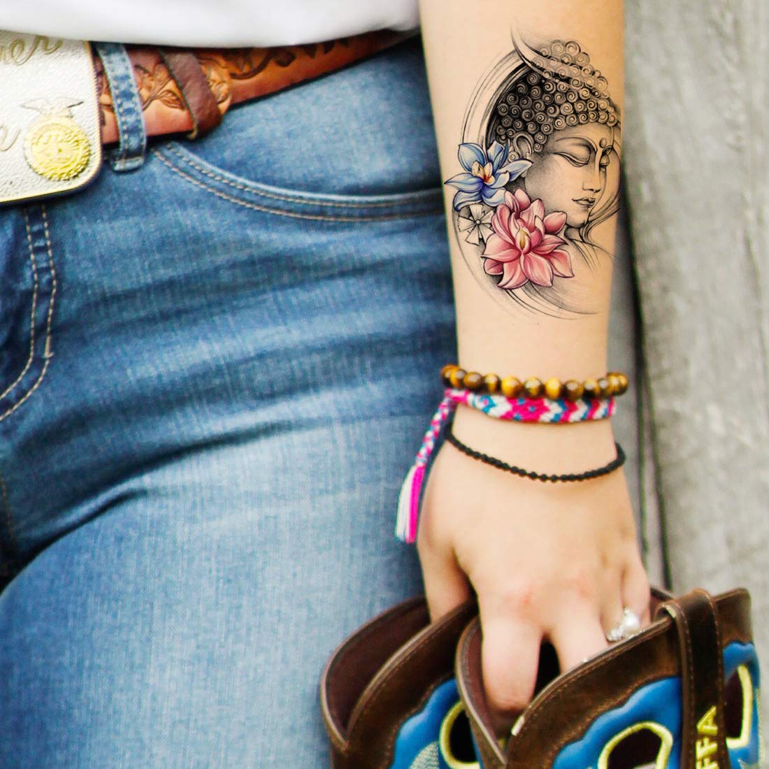 Buddha with Lotus Graffiti Temporary Waterproof Tattoos for Men & Women - Festival, Party, Yoga & Spiritual Events Body Art