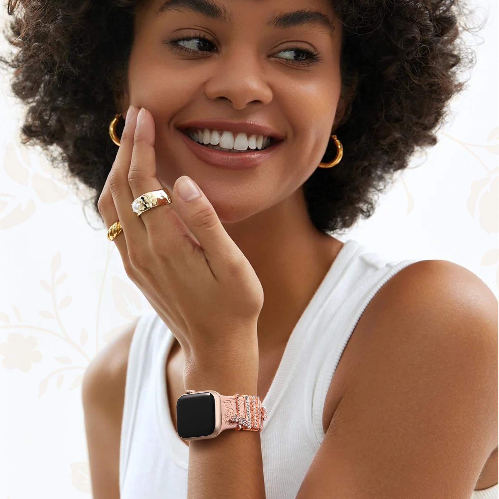 DaQin Floral Engraved Silicone Band Compatible with Apple Watch 38mm 40mm 41mm 42mm 44mm 45mm - Women's Fashion Strap with Charms for iWatch Series SE/1/2/3/4/5/6/7/8/9 - Perfect for Workouts, Office & Casual Wear