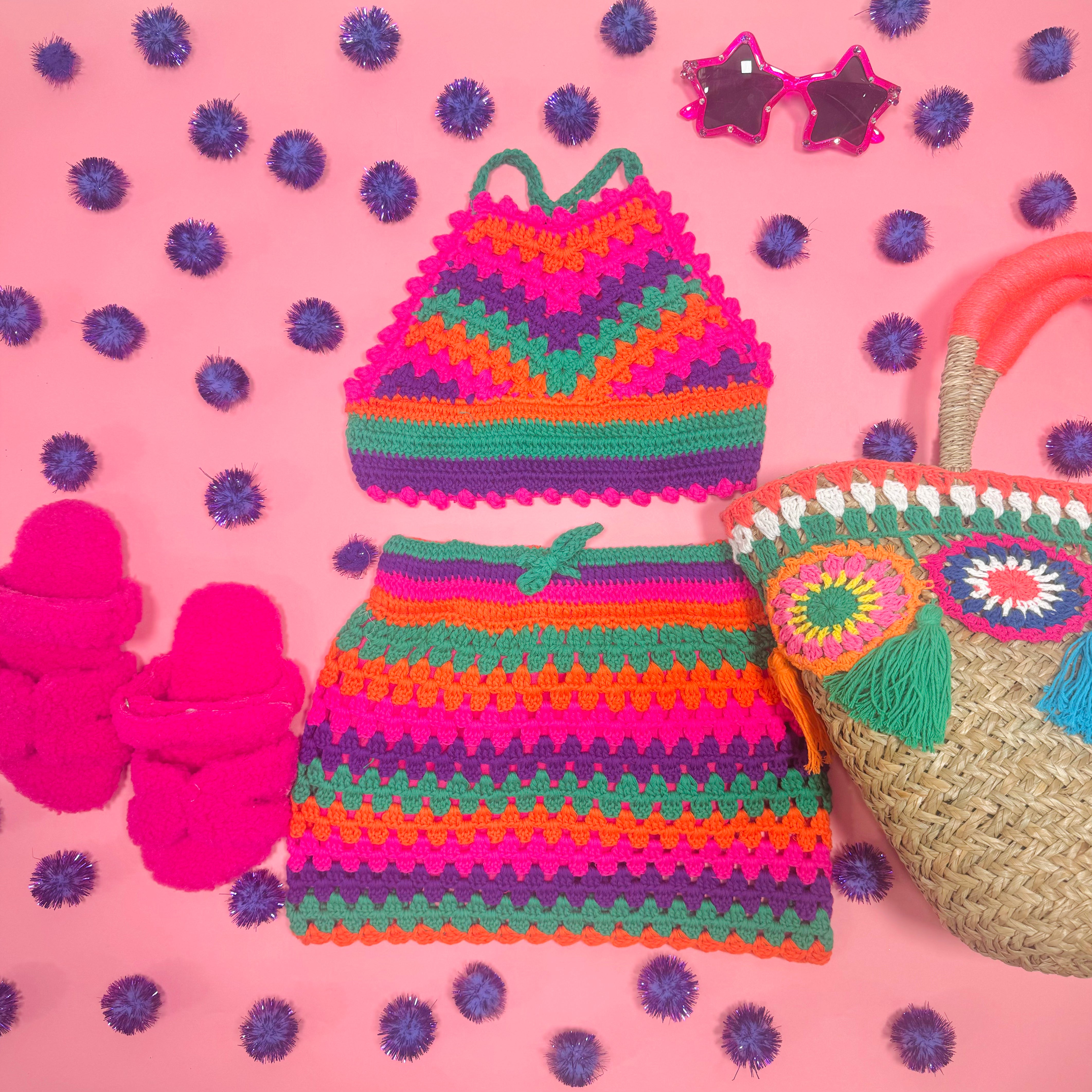 Little Carmen Technicolor Crochet Halter Top and Skirt Set - Boho Beach Outfit for Women, Summer Festival Fashion, Vacation Wear