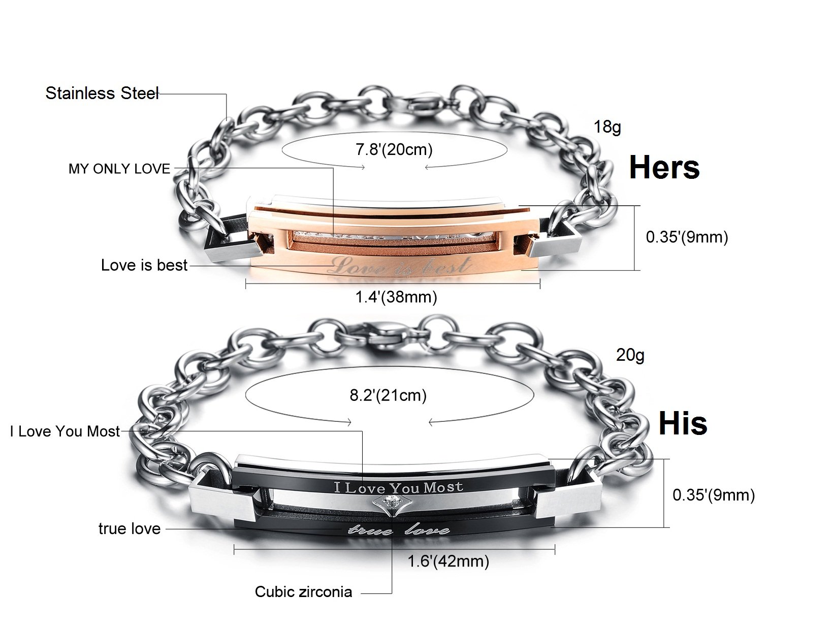 SunnyHouse His & Hers Matching Couple Bracelet Set - Titanium Stainless Steel Korean Style Love Bracelets in Gift Box - Romantic Anniversary Wedding Valentine's Day Gift for Couples