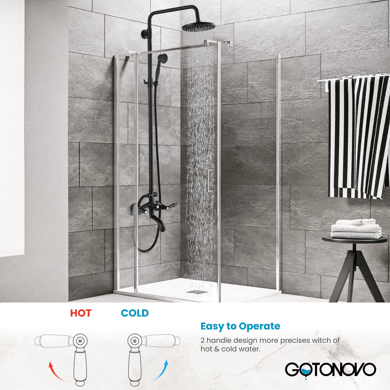 Gotonovo Matte Black 8-Inch Rain Shower Head System - Wall Mounted Bathroom Faucet with Adjustable Handheld Sprayer, Double Lever Handles & Tub Spout - Triple Function Shower for Luxurious Spa-Like Experience at Home