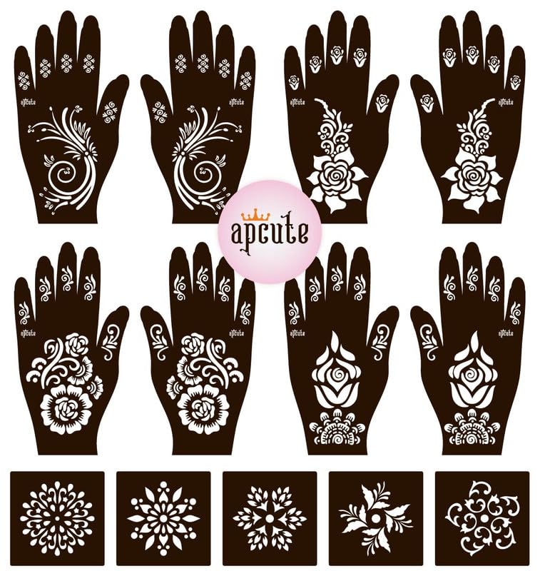 APCUTE Henna Tattoo Stickers Set of 13 Pieces - Temporary Mehndi Stencils for Full Hand Designs | Easy 4-Step Application for Women & Girls | Perfect for Weddings, Festivals & DIY Body Art