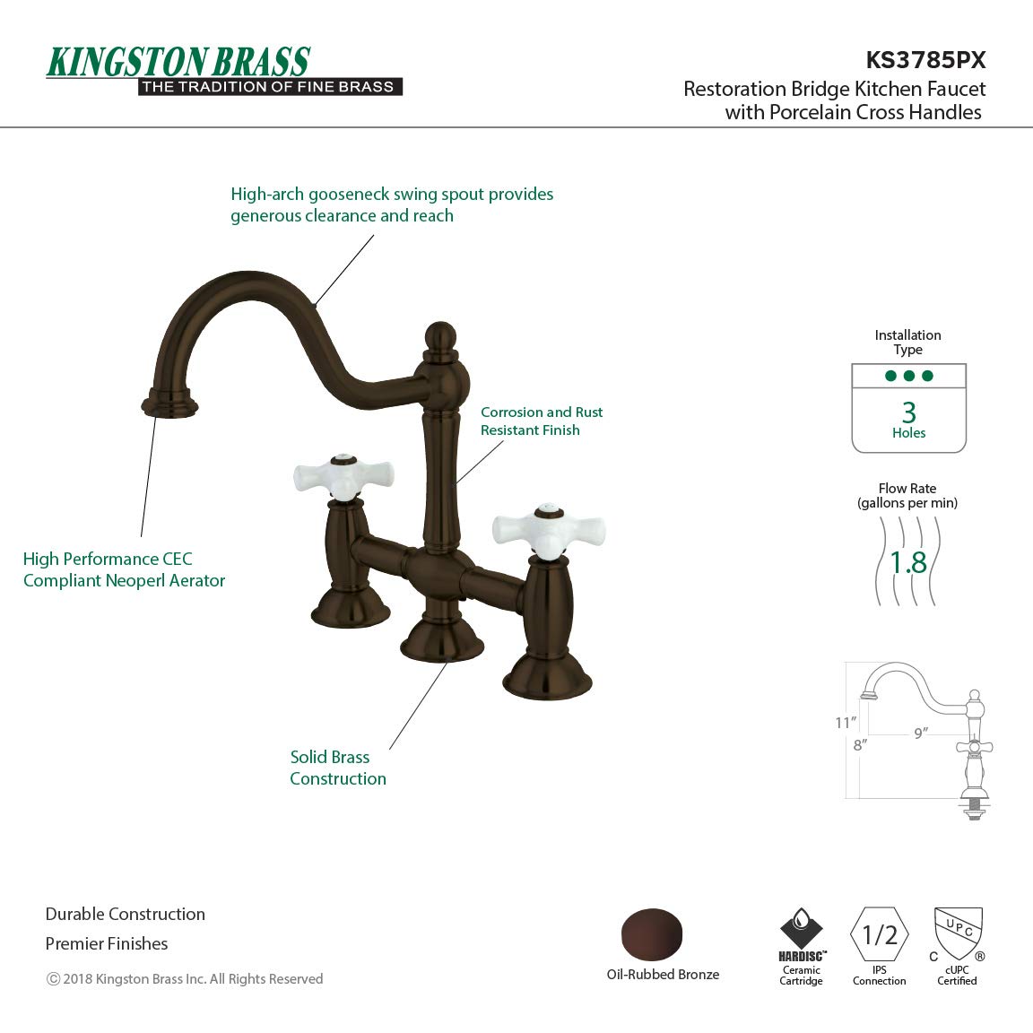 Kingston Brass KS3785PX 9-Inch Oil Rubbed Bronze Bridge Kitchen Faucet - Commercial Style Pull-Down Sprayer for Farmhouse & Modern Kitchens (Perfect for Baking, Washing Dishes & Food Prep)