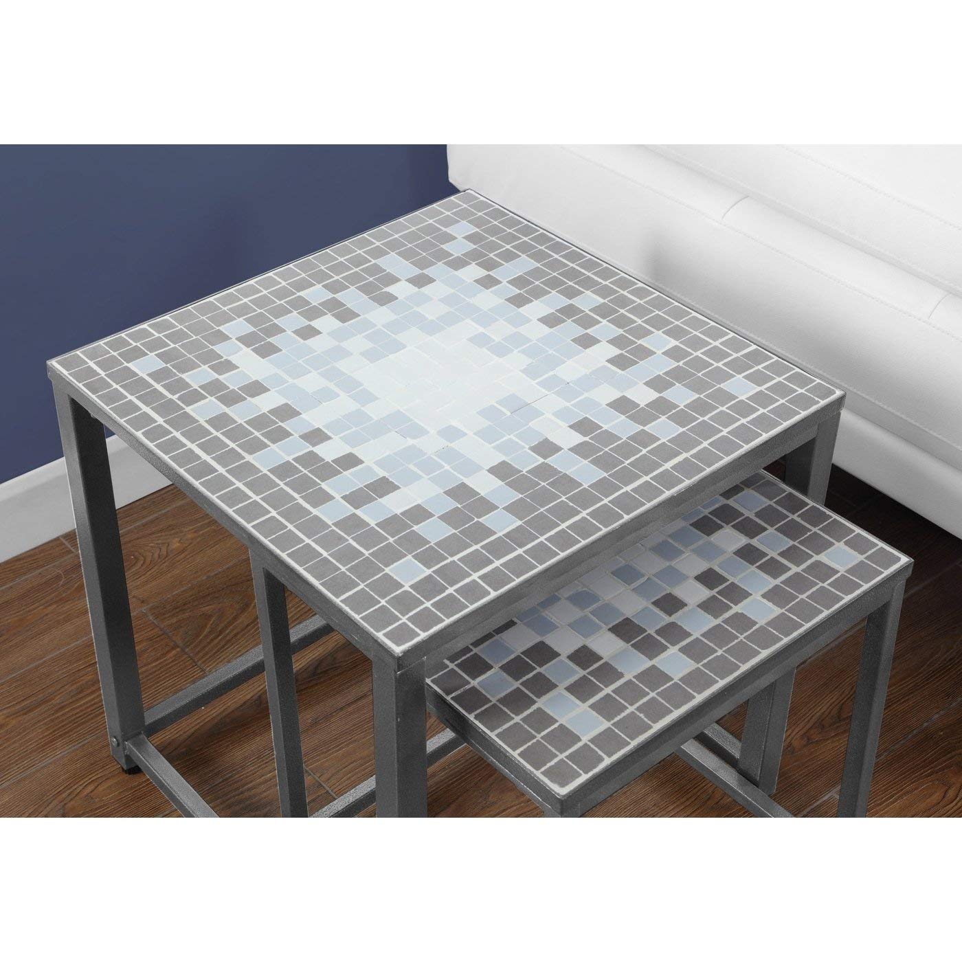 Monarch Specialties 3141 Nesting Table Set of 2 - Modern Side End Accent Tables for Living Room & Bedroom - Metal Tile Top in Blue & Grey - 20