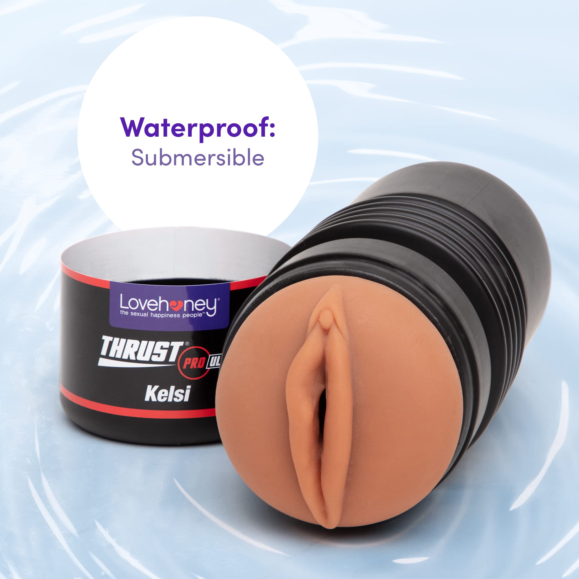 Lovehoney Thrust Pro Ultra Kelsi Male Masturbator Cup - 6 Inch Realistic Vagina Sex Toy with Textured Canal & Vibration Compatible - Waterproof Flesh Tan Male Pleasure Device for Solo Play & Couples Use - Perfect for Travel, Discreet Storage & Enhancing Intimacy