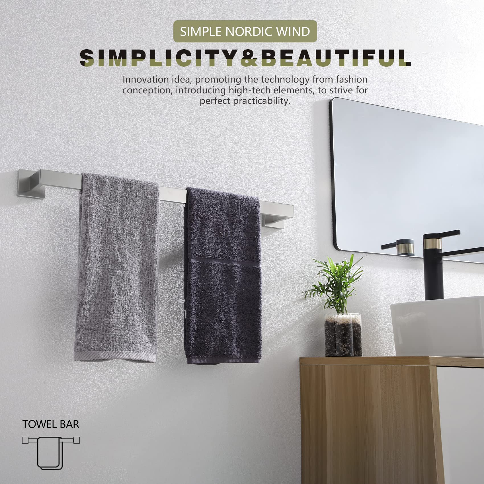 24-Inch Stainless Steel Towel Bar - Brushed SUS 304 Bathroom Towel Holder with Square Robe Hook - Wall Mounted for Bath Towels, Coats & Robes - Perfect for Modern Bathrooms & Spa-Like Showers