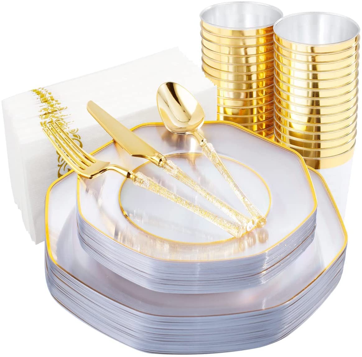 KIRE 30-Pack Clear Pink Plastic Plates with Gold Rim & 20-Pack Clear Gold Plastic Plates for Parties, Weddings, and Special Events