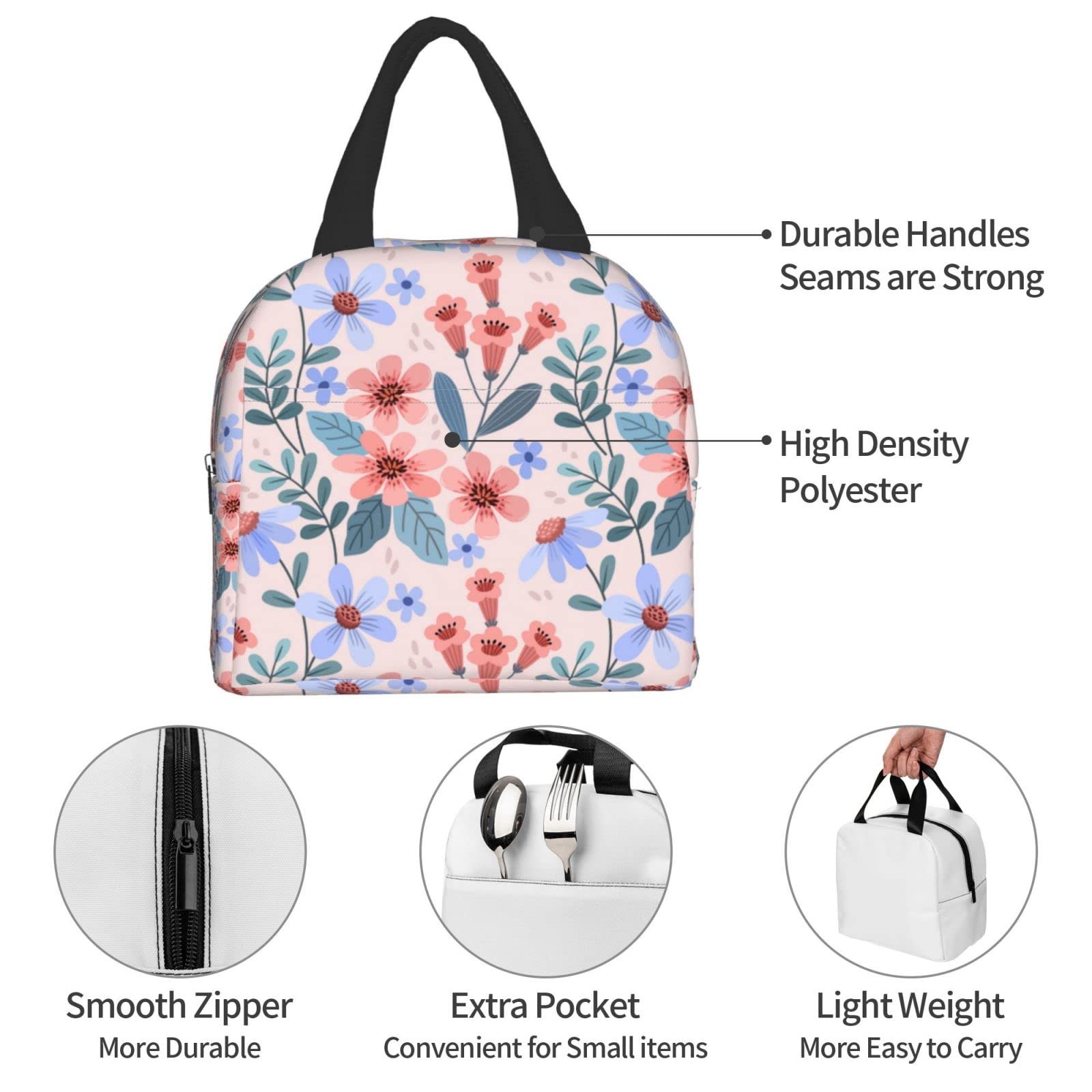 Pink Floral Insulated Lunch Box - Reusable & Portable Meal Container for Men & Women - Perfect for Work, Travel, Picnic & Outdoor Activities