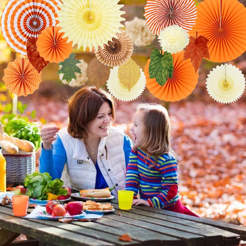Easy Joy 14-Piece Fall Party Decorations Set - Orange Hanging Paper Fans, Autumn Pom Poms, Paper Lanterns & Maple Leaf Garlands for Thanksgiving, Halloween, Birthday Decorations | Perfect for Home, Classroom & Party Decor
