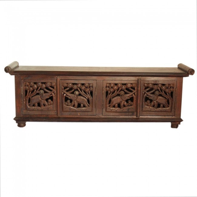 Hand Carved Elephant Jali Balinese Indian Plasma Brown Wooden Room Divider 150cm - Perfect for Home Decor, Living Room Partition & Boho Style Interior Design