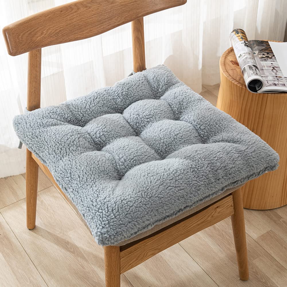Vctops Cozy Sherpa Seat Cushion with Ties - Soft Thick 16x16 Inch Chair Pad for Office, Living Room & Bedroom - Non-Slip Fuzzy Grey Seat Cushion for Comfort & Home Decor