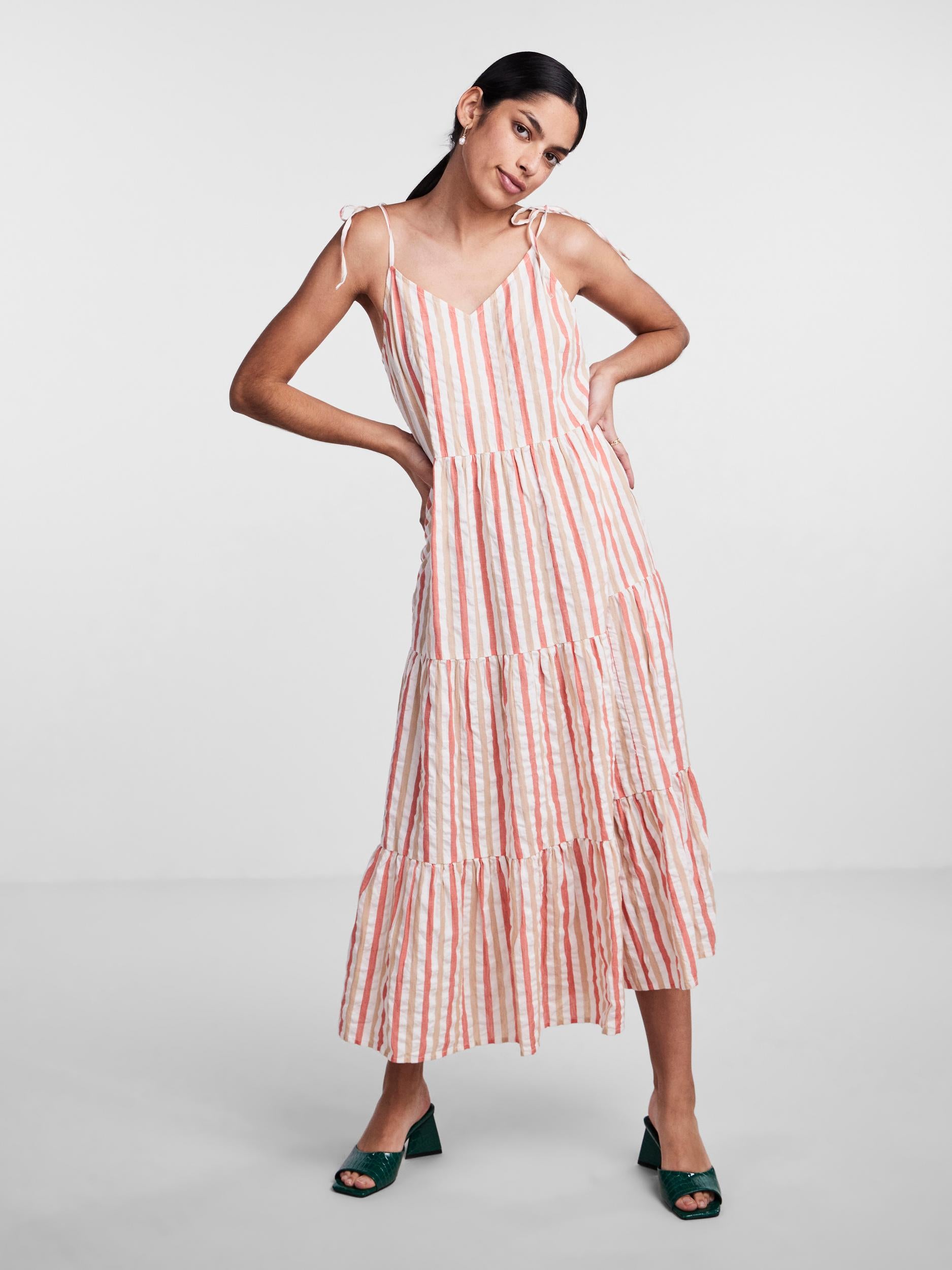 Lacey Maxi Dress Coral Stripe - Elegant Flowy Long Dress for Women, Perfect for Beach Vacations, Summer Parties, and Casual Outings