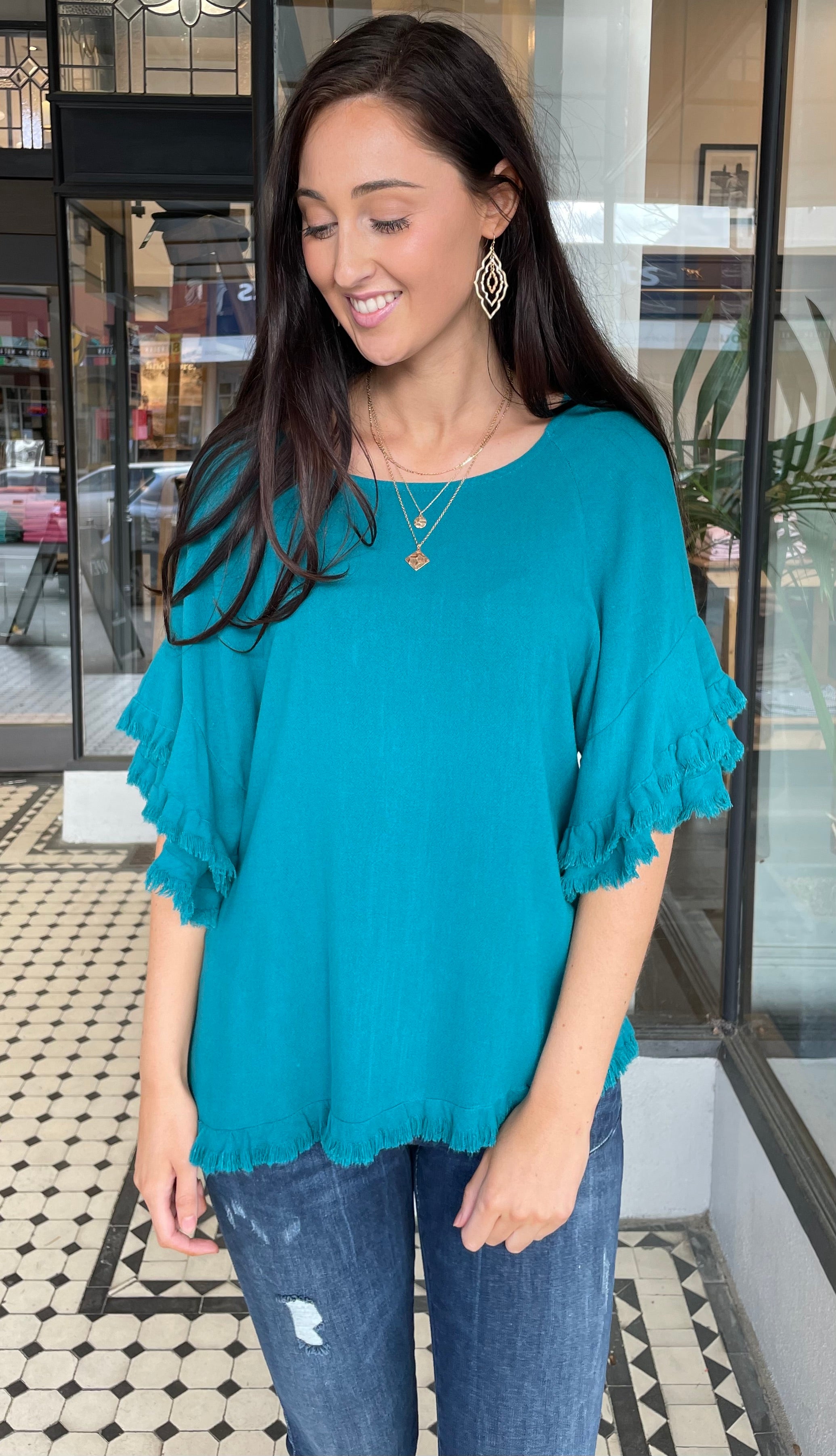 Jess Women's Layered Sleeve Top in Washed Teal - Casual Chic Blouse for Everyday Wear, Date Nights & Office Outfits