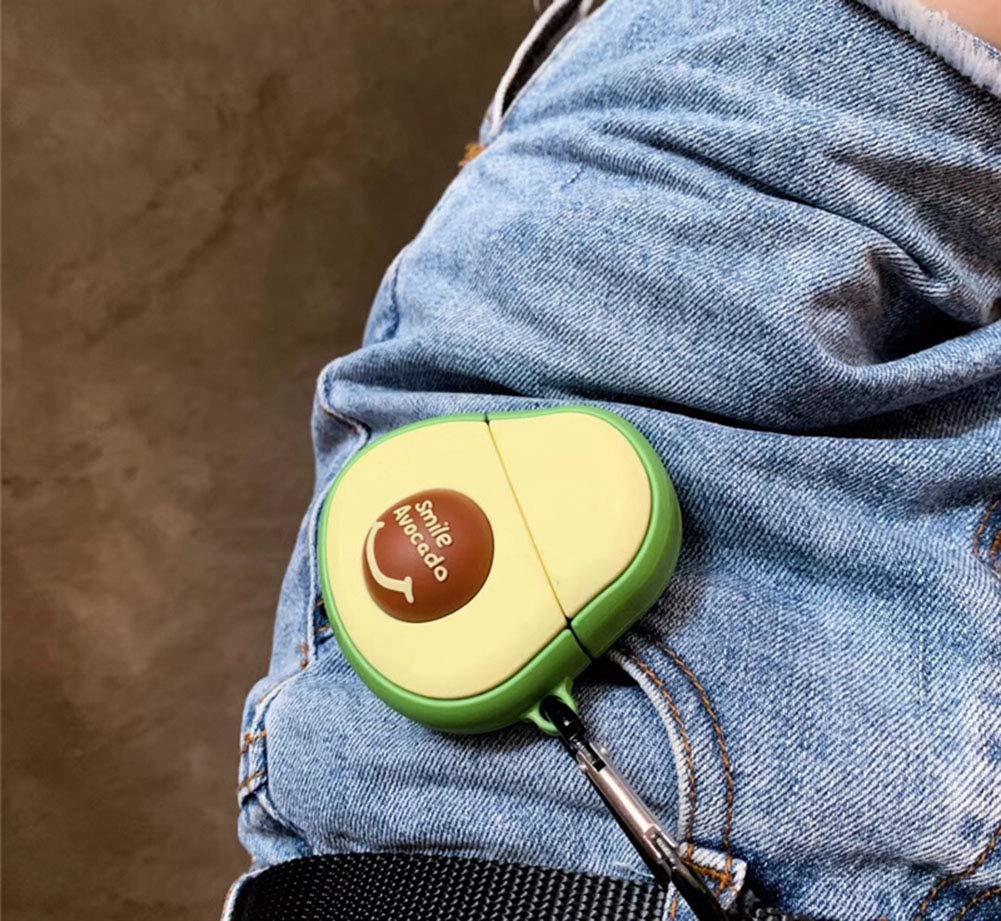 SGVAHY Cute 3D Cartoon Avocado AirPods Case - Soft Silicone Shockproof Cover with Ring Buckle Holder for AirPods 1/2/3/Pro - Fun Creative Fruit Vegetable Design (Avocado Smile) - Perfect for Gym, Travel & Everyday Use